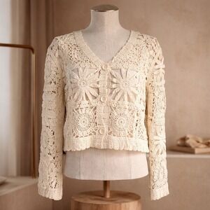 Cream Floral Crochet Cotton Cardigan Sweater V-Neck Cropped New Medium